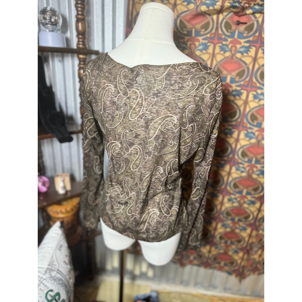 Diamond's Brown Paisley Lace Trim Long Sleeve Top Blouse Womens L - Picture 3 of 3
